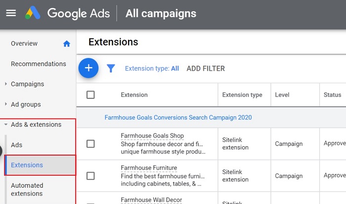 Create ads extension